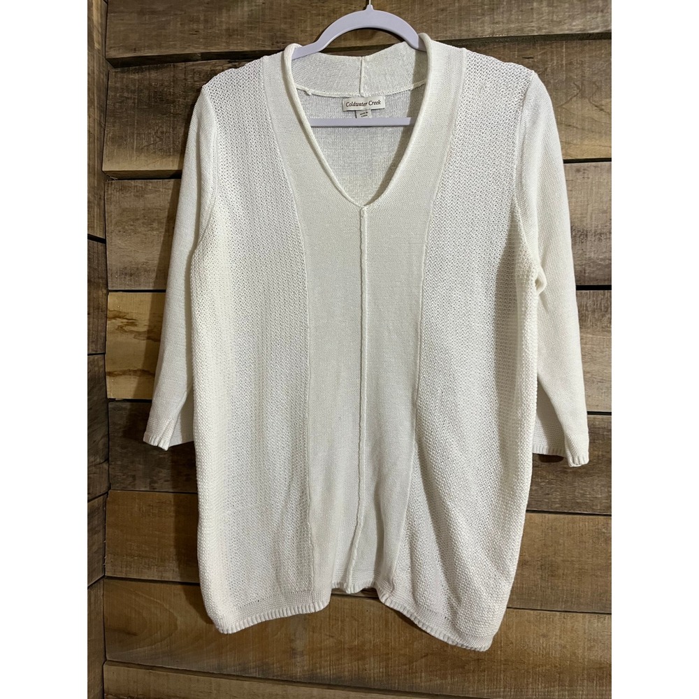 Coldwater Creek Womens White V-Neck Mix Stitch Knit Sweater Size L 14 3/4 Sleeve